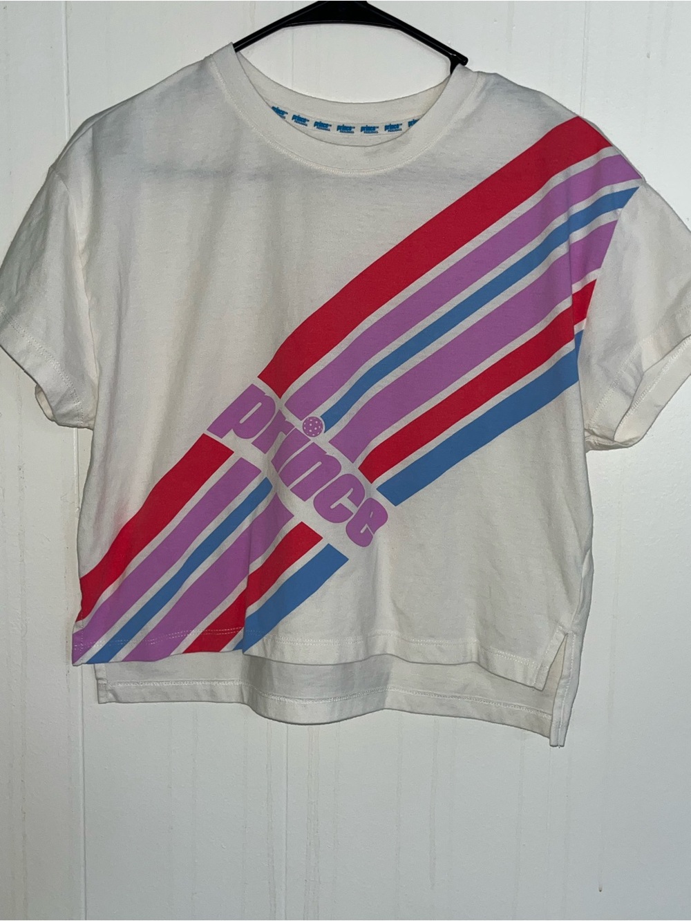 Prince White Crop Tee with Pink, Red, Purple & Blue Stripes